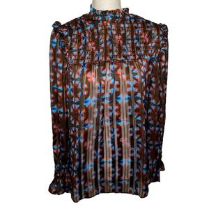 Saks Fifth Ave Ruffled Long Sleeve Top Sheer Floral Blouse Relaxed Large NWT